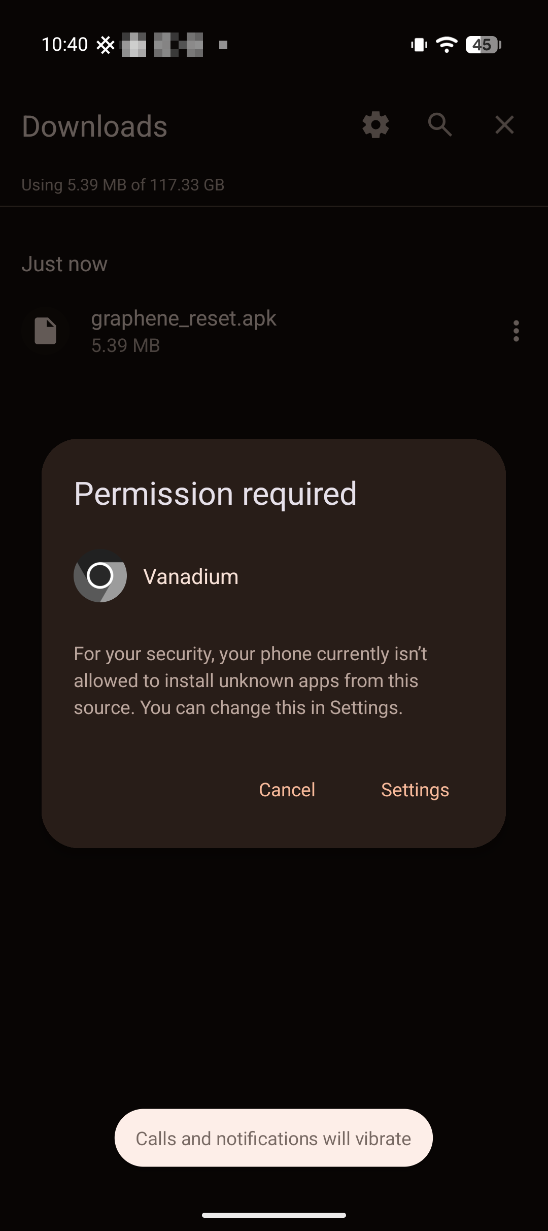 Installation permissions screen