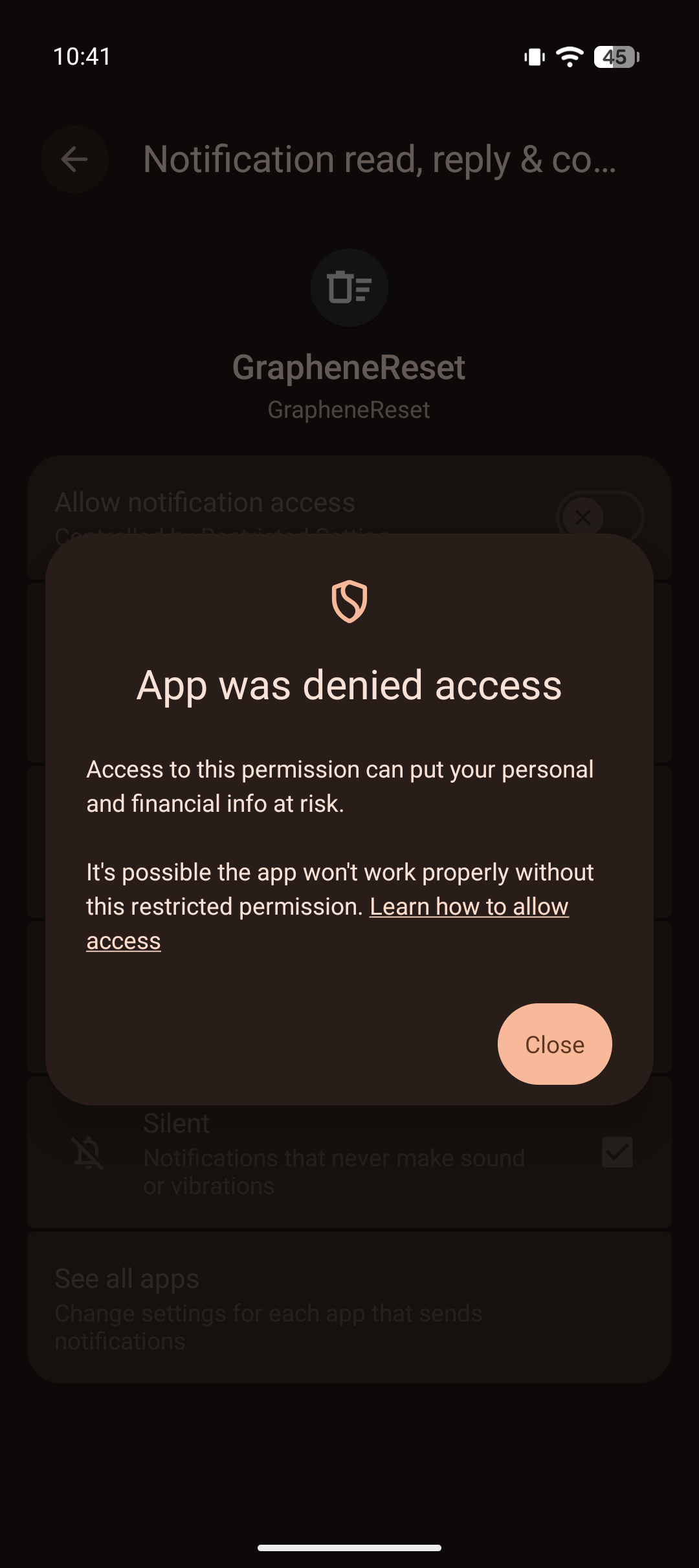 Notification access settings