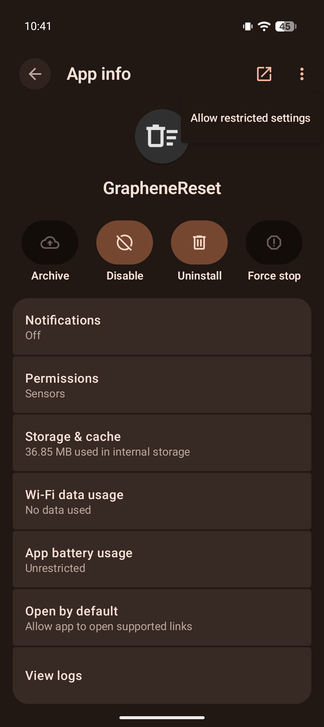 GrapheneReset in notification access list